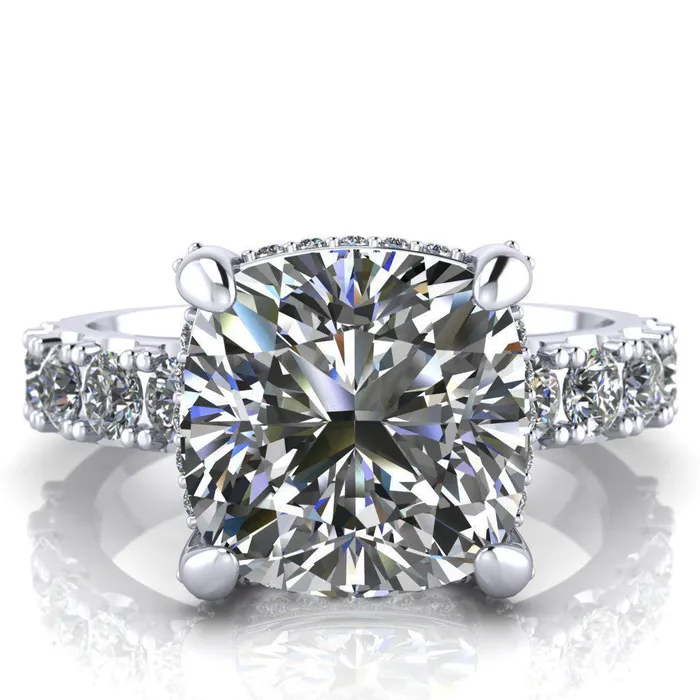 Grandeur Cushion Center Stone 4 Prong Basket and Half Eternity Fire Ring Fire Brilliance Rings