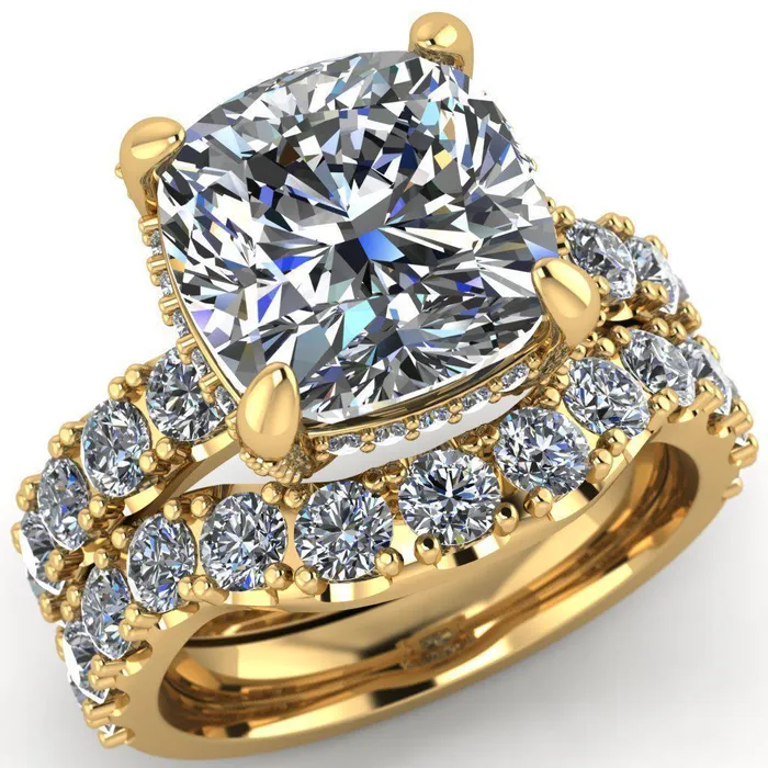 Grandeur Cushion Center Stone 4 Prong Basket and Half Eternity Fire Ring Fire Brilliance Rings