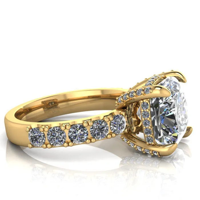 Grandeur Cushion Center Stone 4 Prong Basket and Half Eternity Fire Ring Fire Brilliance Rings