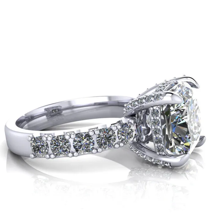 Grandeur Cushion Center Stone 4 Prong Basket and Half Eternity Fire Ring Fire Brilliance Rings