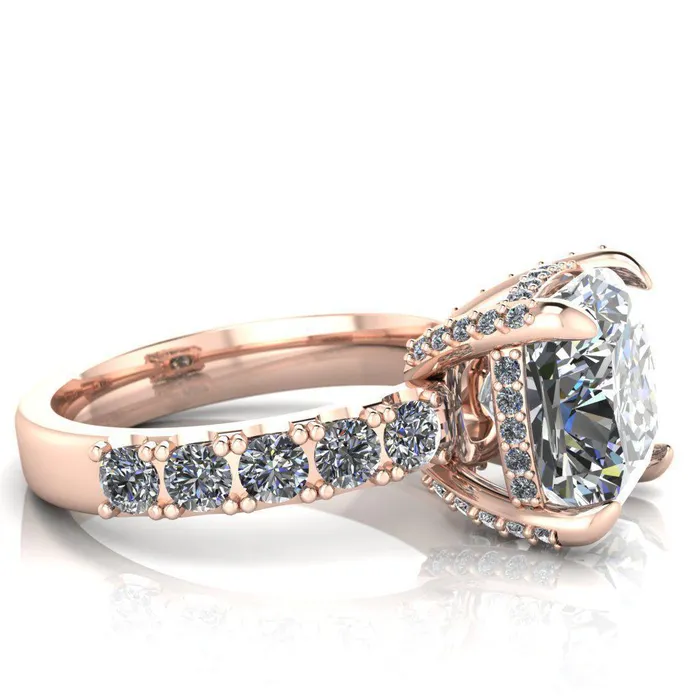 Grandeur Cushion Center Stone 4 Prong Basket and Half Eternity Fire Ring Fire Brilliance Rings