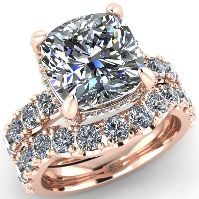 Grandeur Cushion Center Stone 4 Prong Basket and Half Eternity Fire Ring Fire Brilliance Rings