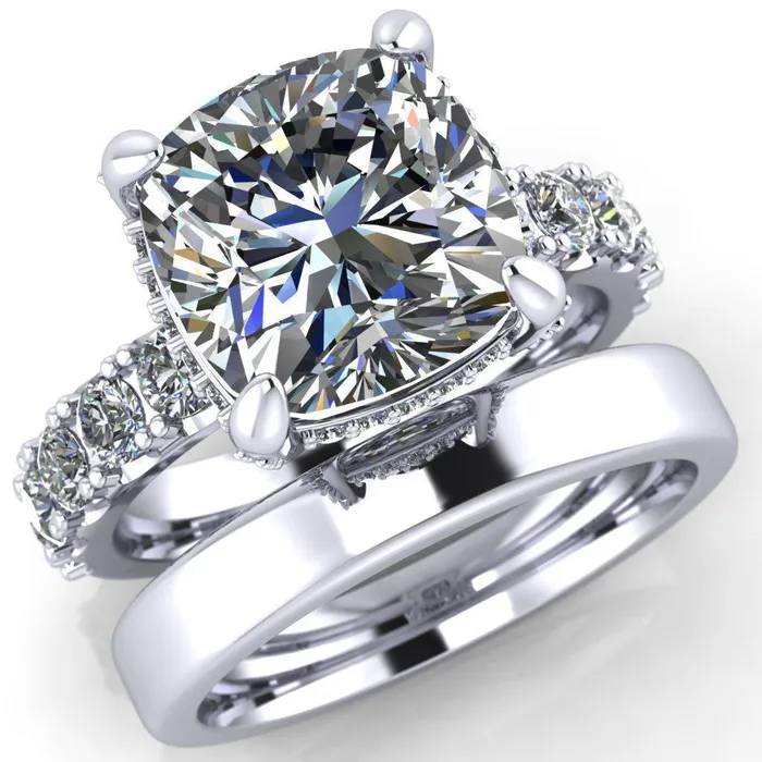 Grandeur Cushion Center Stone 4 Prong Basket and Half Eternity Fire Ring Fire Brilliance Rings