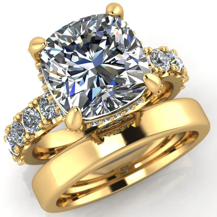 Grandeur Cushion Center Stone 4 Prong Basket and Half Eternity Fire Ring Fire Brilliance Rings