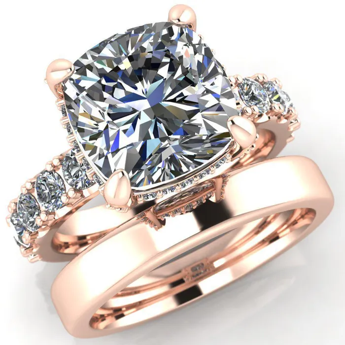 Grandeur Cushion Center Stone 4 Prong Basket and Half Eternity Fire Ring Fire Brilliance Rings