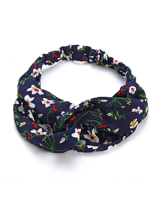 H135 Navy Blue Floral Print Cloth Hair Band 02 Rings
