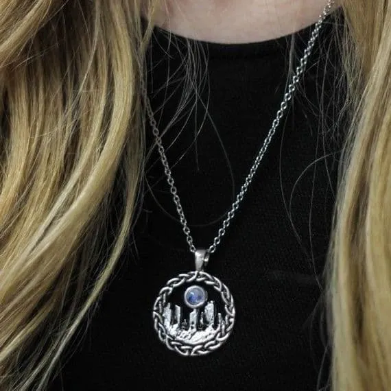Hamilton Young Necklaces Large Outlander Inspired Standing Stones Rhodium Plated Pendant with Moonstone