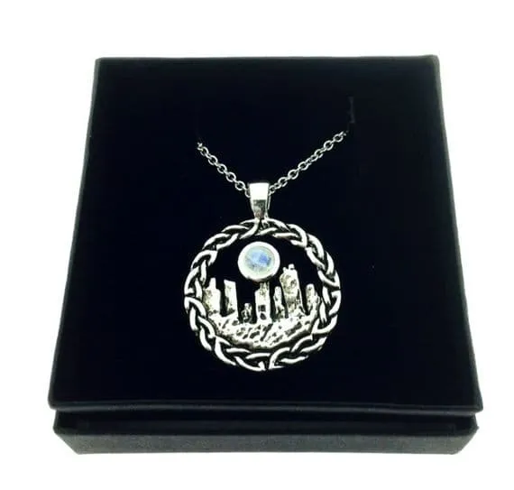 Hamilton Young Necklaces Large Outlander Inspired Standing Stones Rhodium Plated Pendant with Moonstone