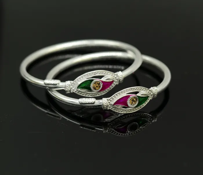 Handmade vintage antique design customized silver baby bangle kada excellent enamel design bangle bracelet unisex kids jewelry nbbk89 TRIBAL ORNAMENTS Bracelets