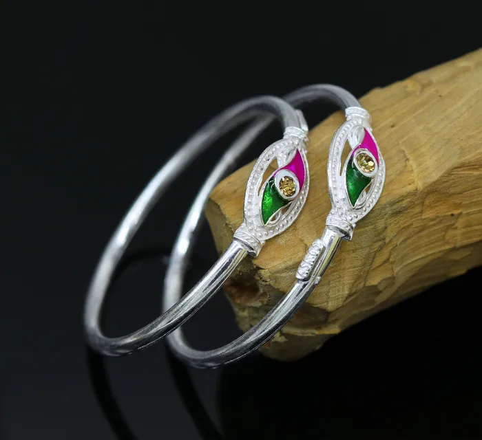 Handmade vintage antique design customized silver baby bangle kada excellent enamel design bangle bracelet unisex kids jewelry nbbk89 TRIBAL ORNAMENTS Bracelets