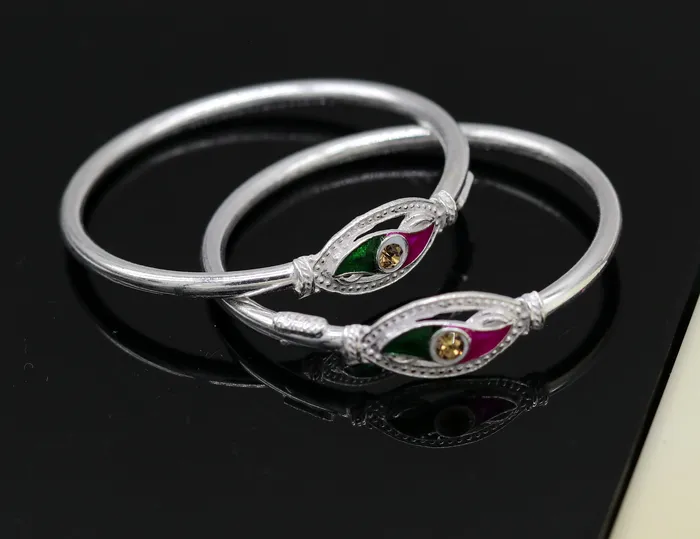 Handmade vintage antique design customized silver baby bangle kada excellent enamel design bangle bracelet unisex kids jewelry nbbk89 TRIBAL ORNAMENTS Bracelets