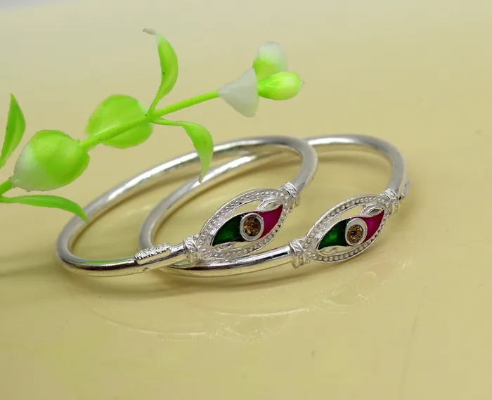 Handmade vintage antique design customized silver baby bangle kada excellent enamel design bangle bracelet unisex kids jewelry nbbk89 TRIBAL ORNAMENTS Bracelets