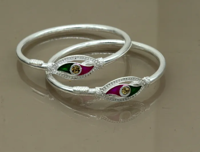 Handmade vintage antique design customized silver baby bangle kada excellent enamel design bangle bracelet unisex kids jewelry nbbk89 TRIBAL ORNAMENTS Bracelets