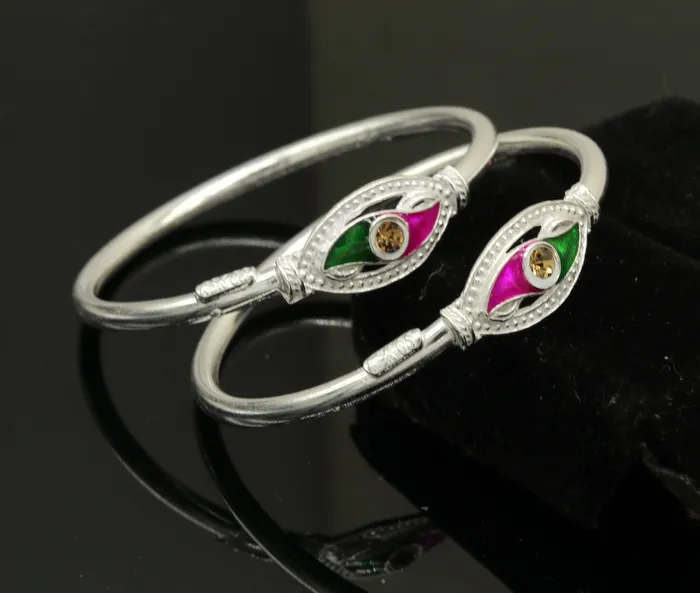 Handmade vintage antique design customized silver baby bangle kada excellent enamel design bangle bracelet unisex kids jewelry nbbk89 TRIBAL ORNAMENTS Bracelets