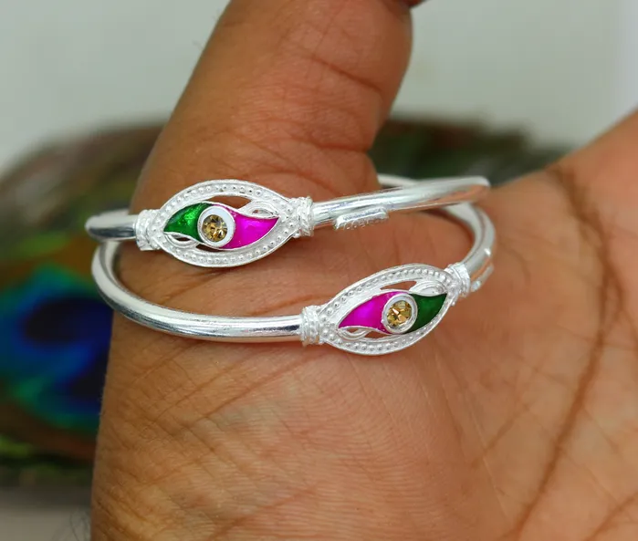 Handmade vintage antique design customized silver baby bangle kada excellent enamel design bangle bracelet unisex kids jewelry nbbk89 TRIBAL ORNAMENTS Bracelets