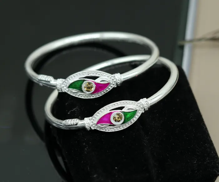 Handmade vintage antique design customized silver baby bangle kada excellent enamel design bangle bracelet unisex kids jewelry nbbk89 TRIBAL ORNAMENTS Bracelets
