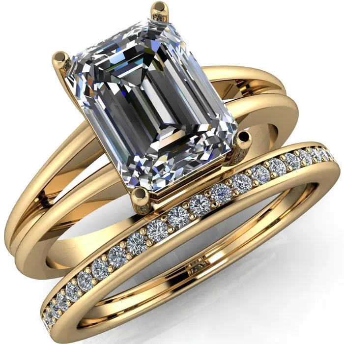 Karinne Emerald Center Stone Split Shank 4 Prong Ring Fire Brilliance Rings
