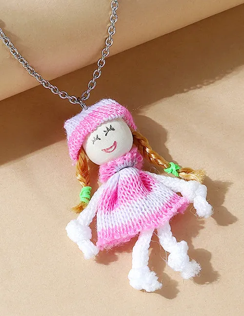 L485 Silver Pink Knitted Doll Necklace FREE EARRINGS 02 Necklaces