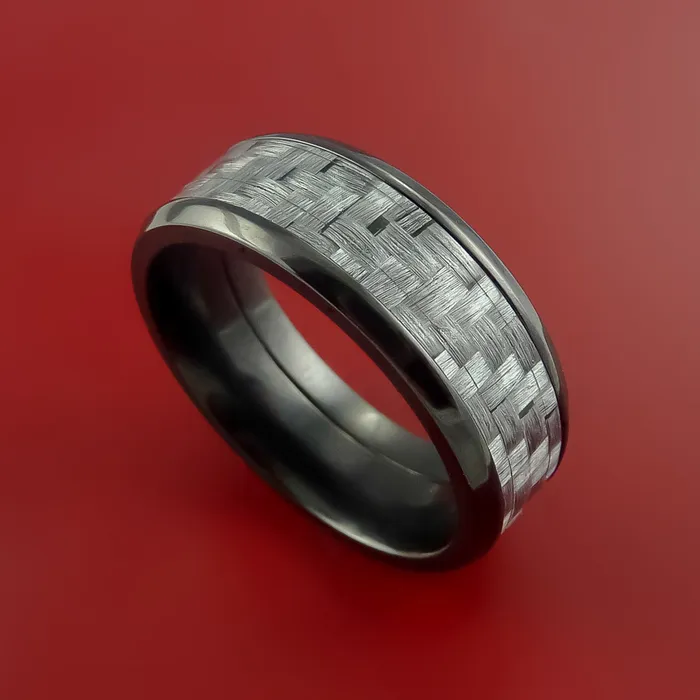 Lashbrook Black Zirconium Ring with Silver Carbon Fiber Inlay Custom Made Band Rings Lashbrook Black Zirconium Ring with Silver Carbon Fiber Inlay Custom Made Band Rings