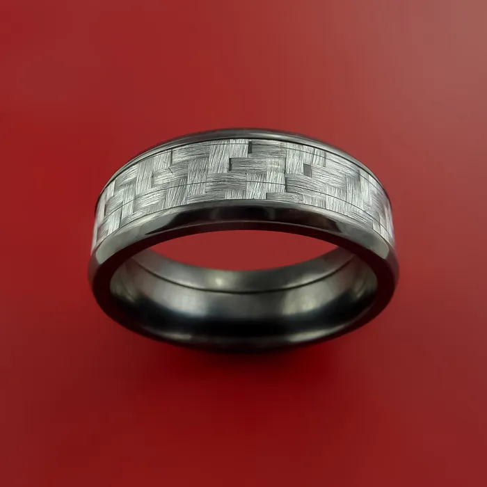 Lashbrook Black Zirconium Ring with Silver Carbon Fiber Inlay Custom Made Band Rings Lashbrook Black Zirconium Ring with Silver Carbon Fiber Inlay Custom Made Band Rings