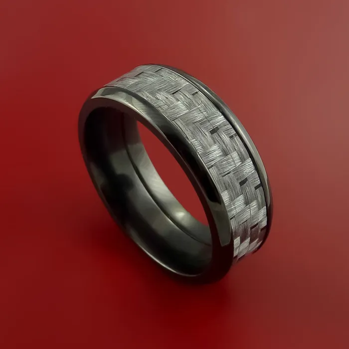 Lashbrook Black Zirconium Ring with Silver Carbon Fiber Inlay Custom Made Band Rings Lashbrook Black Zirconium Ring with Silver Carbon Fiber Inlay Custom Made Band Rings
