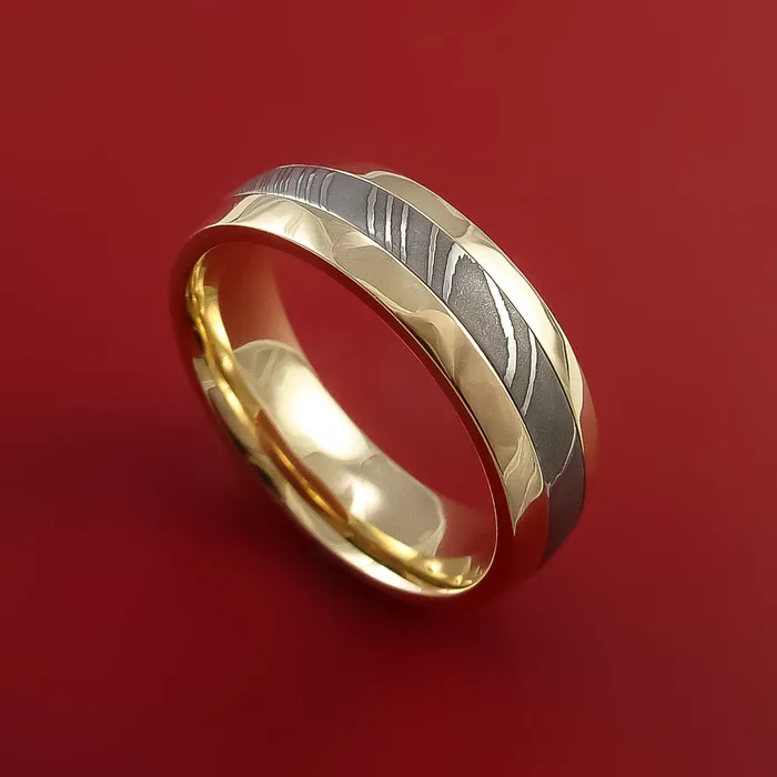 Lashbrook Rings 14k Yellow Gold Ring with Damascus Steel Inlay Custom Made Band Lashbrook Rings 14k Yellow Gold Ring with Damascus Steel Inlay Custom Made Band