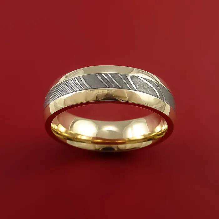 Lashbrook Rings 14k Yellow Gold Ring with Damascus Steel Inlay Custom Made Band Lashbrook Rings 14k Yellow Gold Ring with Damascus Steel Inlay Custom Made Band