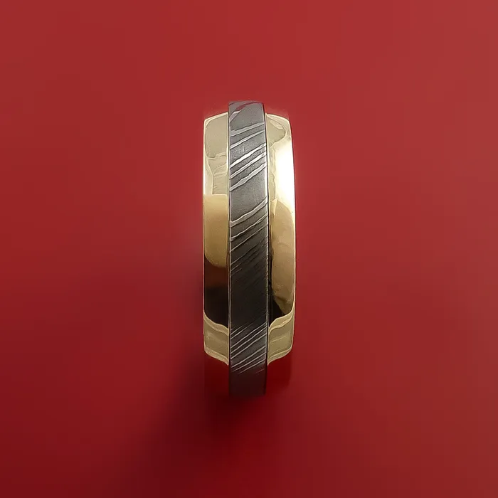 Lashbrook Rings 14k Yellow Gold Ring with Damascus Steel Inlay Custom Made Band Lashbrook Rings 14k Yellow Gold Ring with Damascus Steel Inlay Custom Made Band