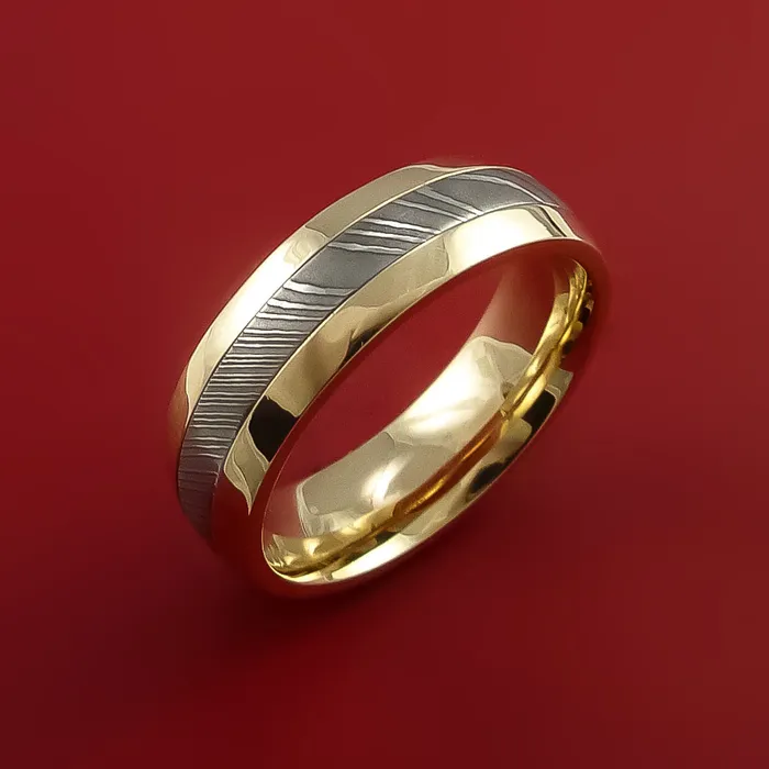 Lashbrook Rings 14k Yellow Gold Ring with Damascus Steel Inlay Custom Made Band Lashbrook Rings 14k Yellow Gold Ring with Damascus Steel Inlay Custom Made Band