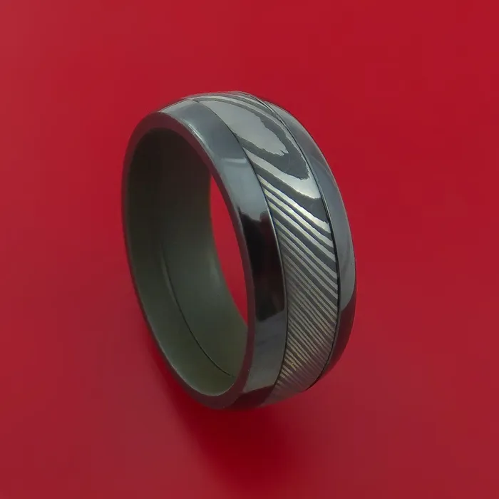 Lashbrook Rings Black Zirconium Ring with Damascus Steel Inlay and Interior Cerakote Sleeve Custom Made Band Lashbrook Rings Black Zirconium Ring with Damascus Steel Inlay and Interior Cerakote Sleeve Custom Made Band