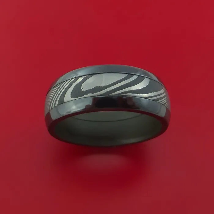 Lashbrook Rings Black Zirconium Ring with Damascus Steel Inlay and Interior Cerakote Sleeve Custom Made Band Lashbrook Rings Black Zirconium Ring with Damascus Steel Inlay and Interior Cerakote Sleeve Custom Made Band