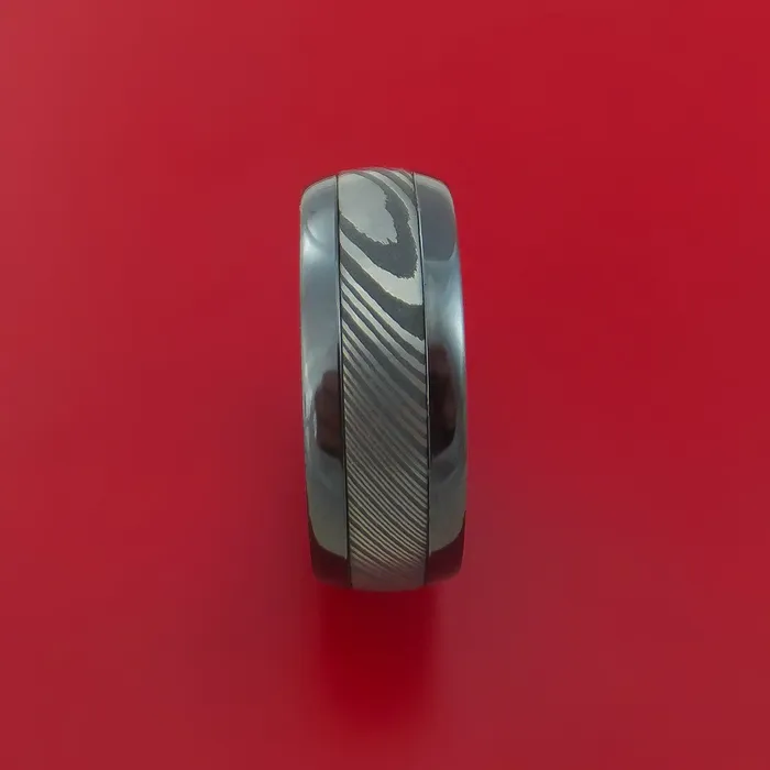 Lashbrook Rings Black Zirconium Ring with Damascus Steel Inlay and Interior Cerakote Sleeve Custom Made Band Lashbrook Rings Black Zirconium Ring with Damascus Steel Inlay and Interior Cerakote Sleeve Custom Made Band