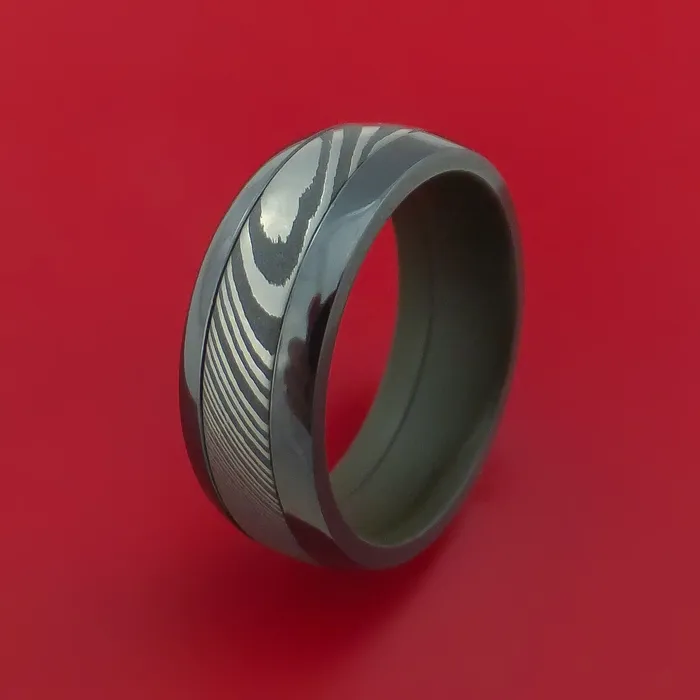 Lashbrook Rings Black Zirconium Ring with Damascus Steel Inlay and Interior Cerakote Sleeve Custom Made Band Lashbrook Rings Black Zirconium Ring with Damascus Steel Inlay and Interior Cerakote Sleeve Custom Made Band