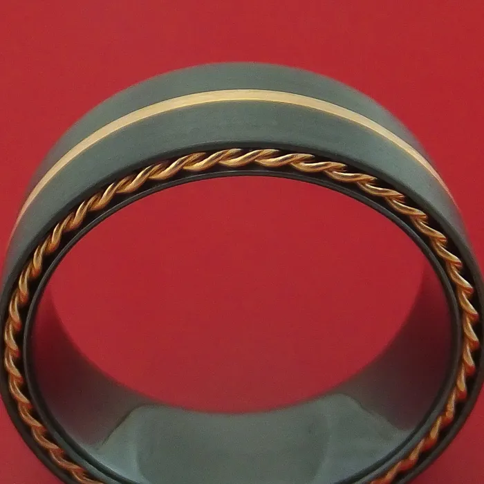 Lashbrook Rings Black Zirconium Ring with Gold Inlay and Side Braids Custom Made Band Lashbrook Rings Black Zirconium Ring with Gold Inlay and Side Braids Custom Made Band