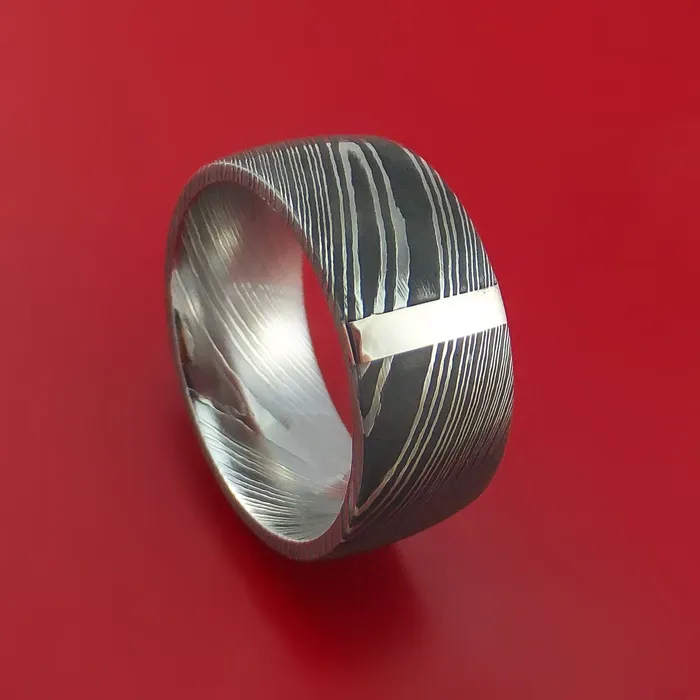 Lashbrook Rings Damascus Steel 14K White Gold Vertical Inlay Ring Wedding Band Custom Made Lashbrook Rings Damascus Steel 14K White Gold Vertical Inlay Ring Wedding Band Custom Made