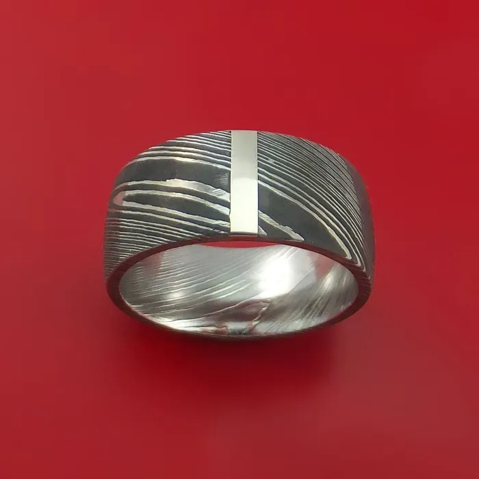 Lashbrook Rings Damascus Steel 14K White Gold Vertical Inlay Ring Wedding Band Custom Made Lashbrook Rings Damascus Steel 14K White Gold Vertical Inlay Ring Wedding Band Custom Made