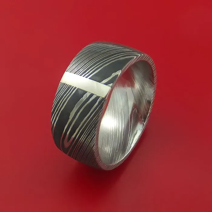 Lashbrook Rings Damascus Steel 14K White Gold Vertical Inlay Ring Wedding Band Custom Made Lashbrook Rings Damascus Steel 14K White Gold Vertical Inlay Ring Wedding Band Custom Made