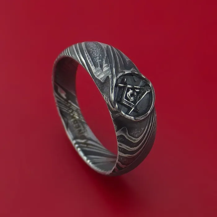 Lashbrook Rings Kuro Damascus Steel Ring with LaserEtched Masonic Emblem Inlay Custom Made Band Lashbrook Rings Kuro Damascus Steel Ring with LaserEtched Masonic Emblem Inlay Custom Made Band