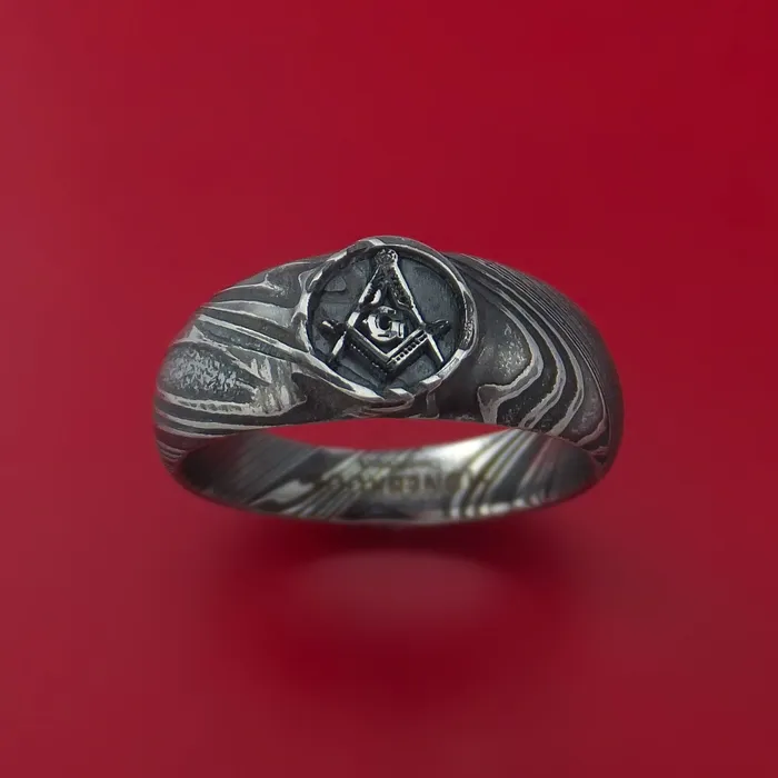 Lashbrook Rings Kuro Damascus Steel Ring with LaserEtched Masonic Emblem Inlay Custom Made Band Lashbrook Rings Kuro Damascus Steel Ring with LaserEtched Masonic Emblem Inlay Custom Made Band