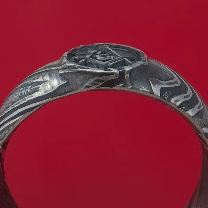 Lashbrook Rings Kuro Damascus Steel Ring with LaserEtched Masonic Emblem Inlay Custom Made Band Lashbrook Rings Kuro Damascus Steel Ring with LaserEtched Masonic Emblem Inlay Custom Made Band