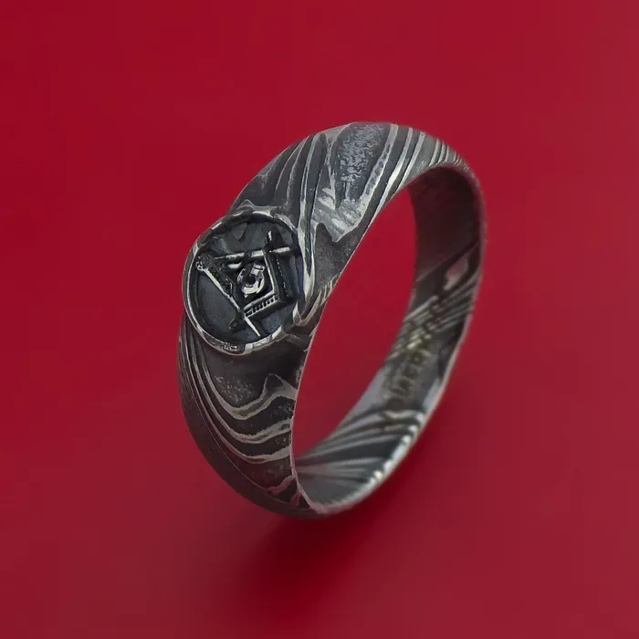 Lashbrook Rings Kuro Damascus Steel Ring with LaserEtched Masonic Emblem Inlay Custom Made Band Lashbrook Rings Kuro Damascus Steel Ring with LaserEtched Masonic Emblem Inlay Custom Made Band