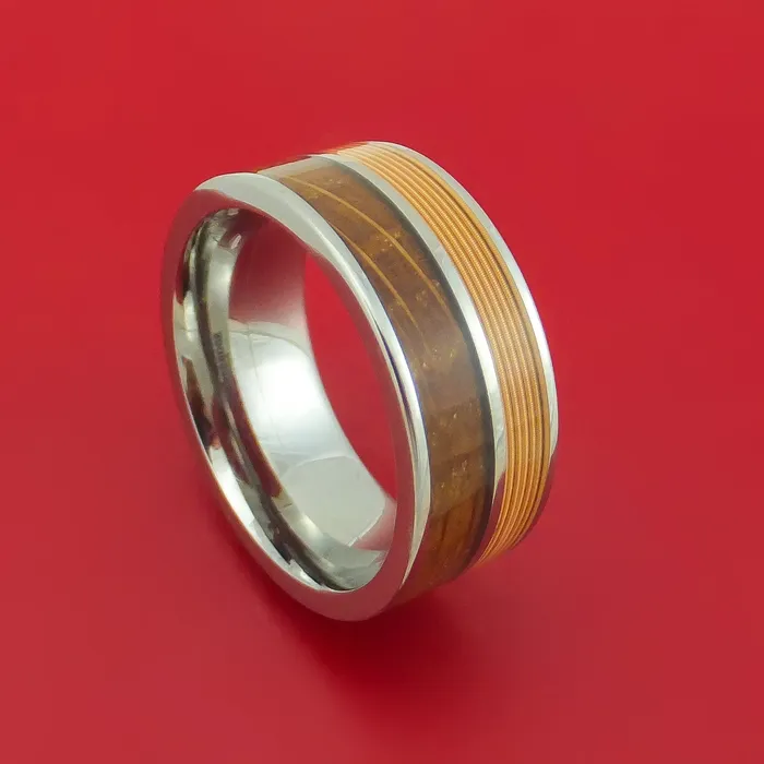 Lashbrook Titanium Ring with Guitar String and Whiskey Barrel Wood Inlays Custom Made Band Rings