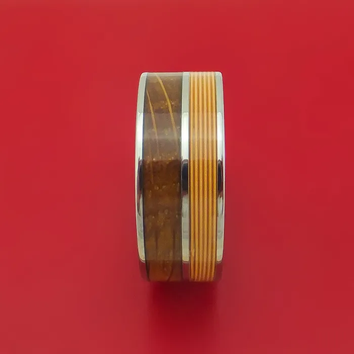 Lashbrook Titanium Ring with Guitar String and Whiskey Barrel Wood Inlays Custom Made Band Rings Lashbrook Titanium Ring with Guitar String and Whiskey Barrel Wood Inlays Custom Made Band Rings