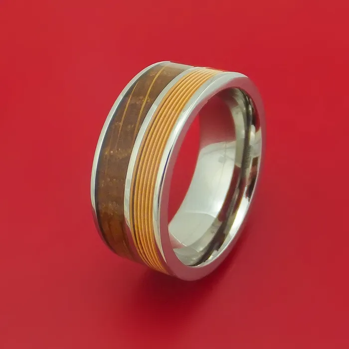 Lashbrook Titanium Ring with Guitar String and Whiskey Barrel Wood Inlays Custom Made Band Rings Lashbrook Titanium Ring with Guitar String and Whiskey Barrel Wood Inlays Custom Made Band Rings
