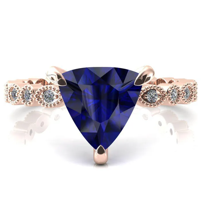 Lizette Trillion Blue Sapphire 3 Claw Prong 34 Eternity Milgrain Diamond Shank Engagement Ring Fire Brilliance Rings