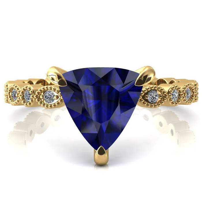 Lizette Trillion Blue Sapphire 3 Claw Prong 34 Eternity Milgrain Diamond Shank Engagement Ring Fire Brilliance Rings