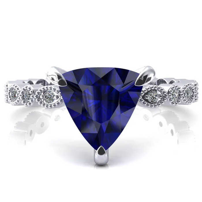 Lizette Trillion Blue Sapphire 3 Claw Prong 34 Eternity Milgrain Diamond Shank Engagement Ring Fire Brilliance Rings