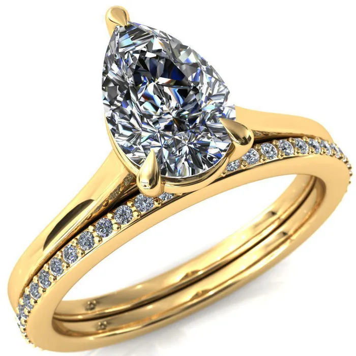 Lizzy Pear Center Stone 3 Claw Prong Cathedral Engagement Ring Fire Brilliance Rings