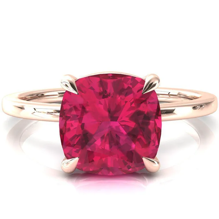 Lyla Cushion Ruby 4 Claw Prong Single Rail Solitaire Ring Fire Brilliance Rings