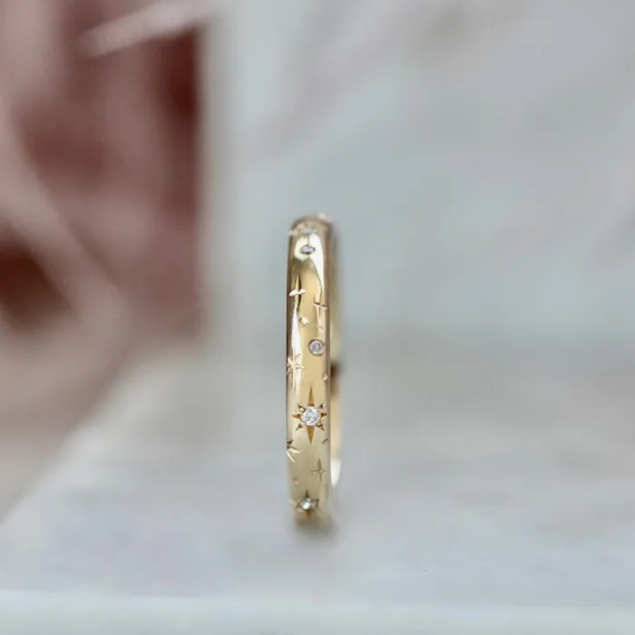 Made By Gem Breakfast Rings Celeste Major Star Engraved Diamond Gold Band